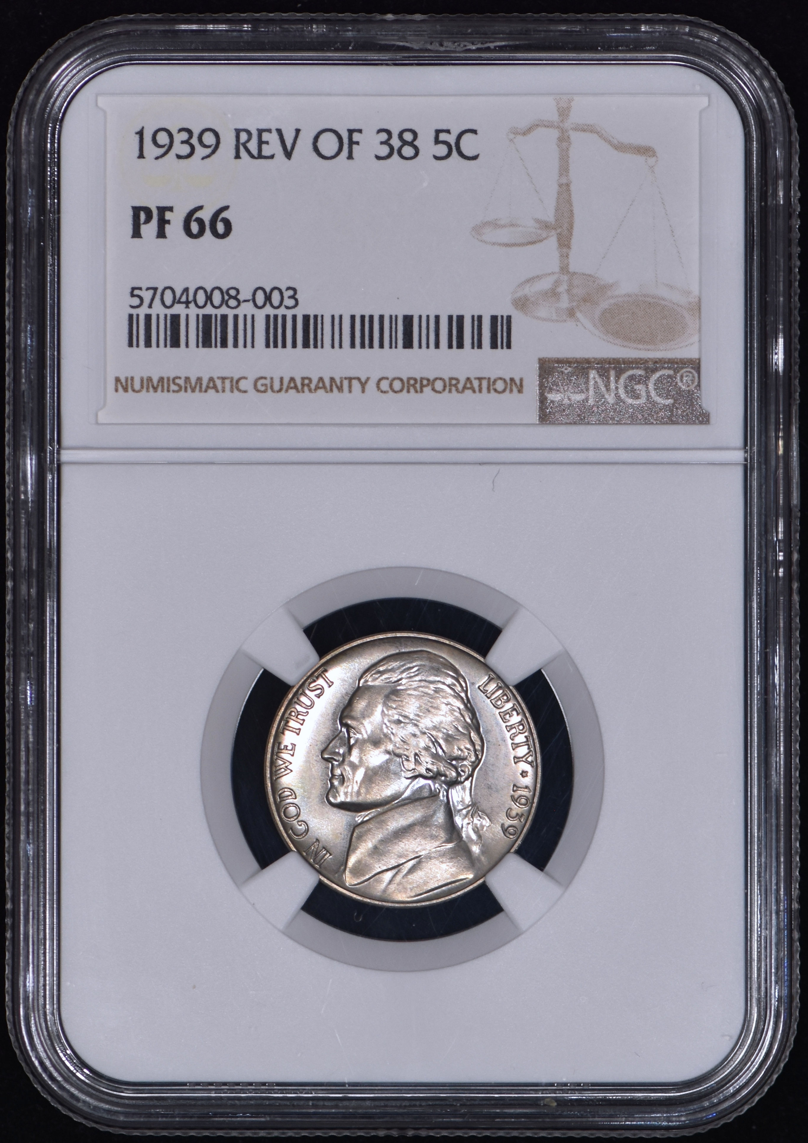 1939 Reverse of 38 Proof Jefferson Nickel 5c NGC PF66 (PR66)
