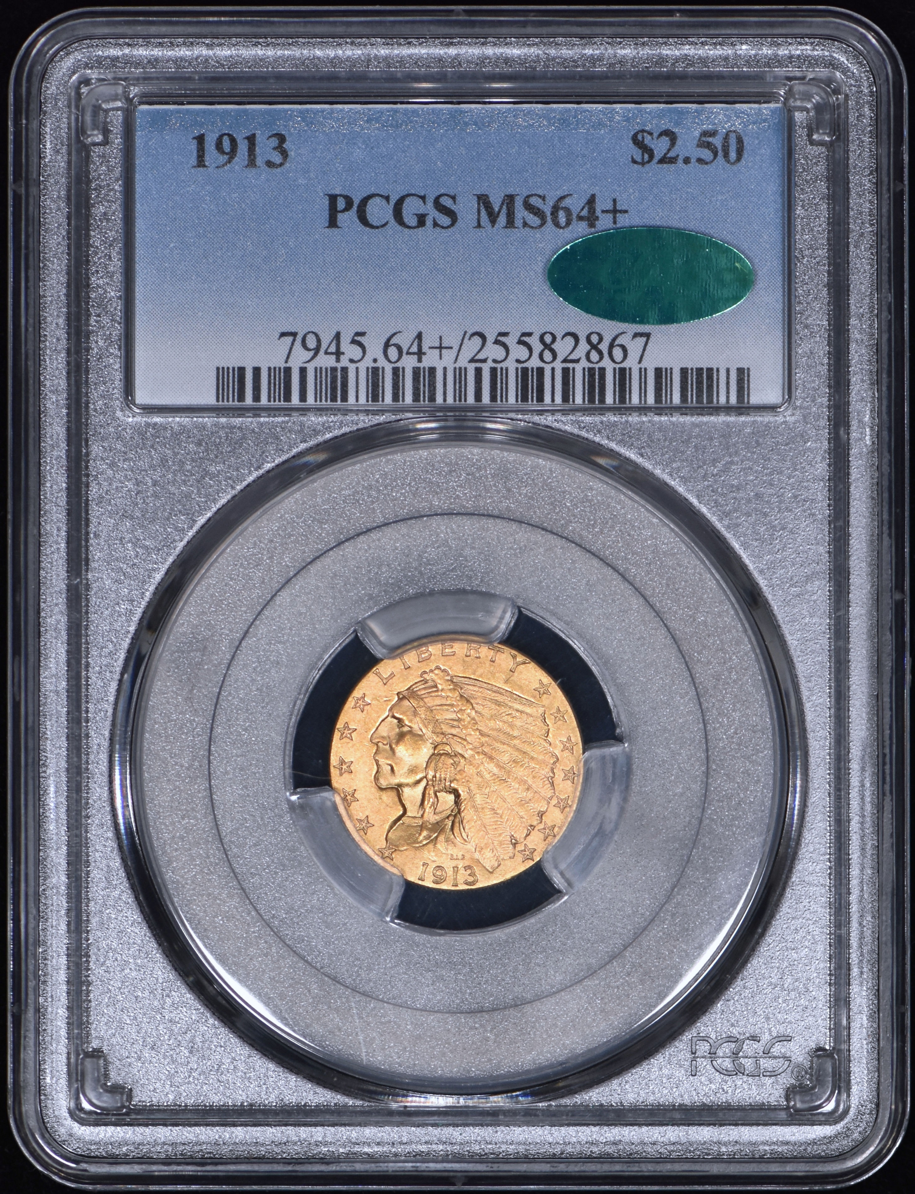 1913 Indian Head Quarter Eagle $2.50 Gold PCGS MS64+ CAC