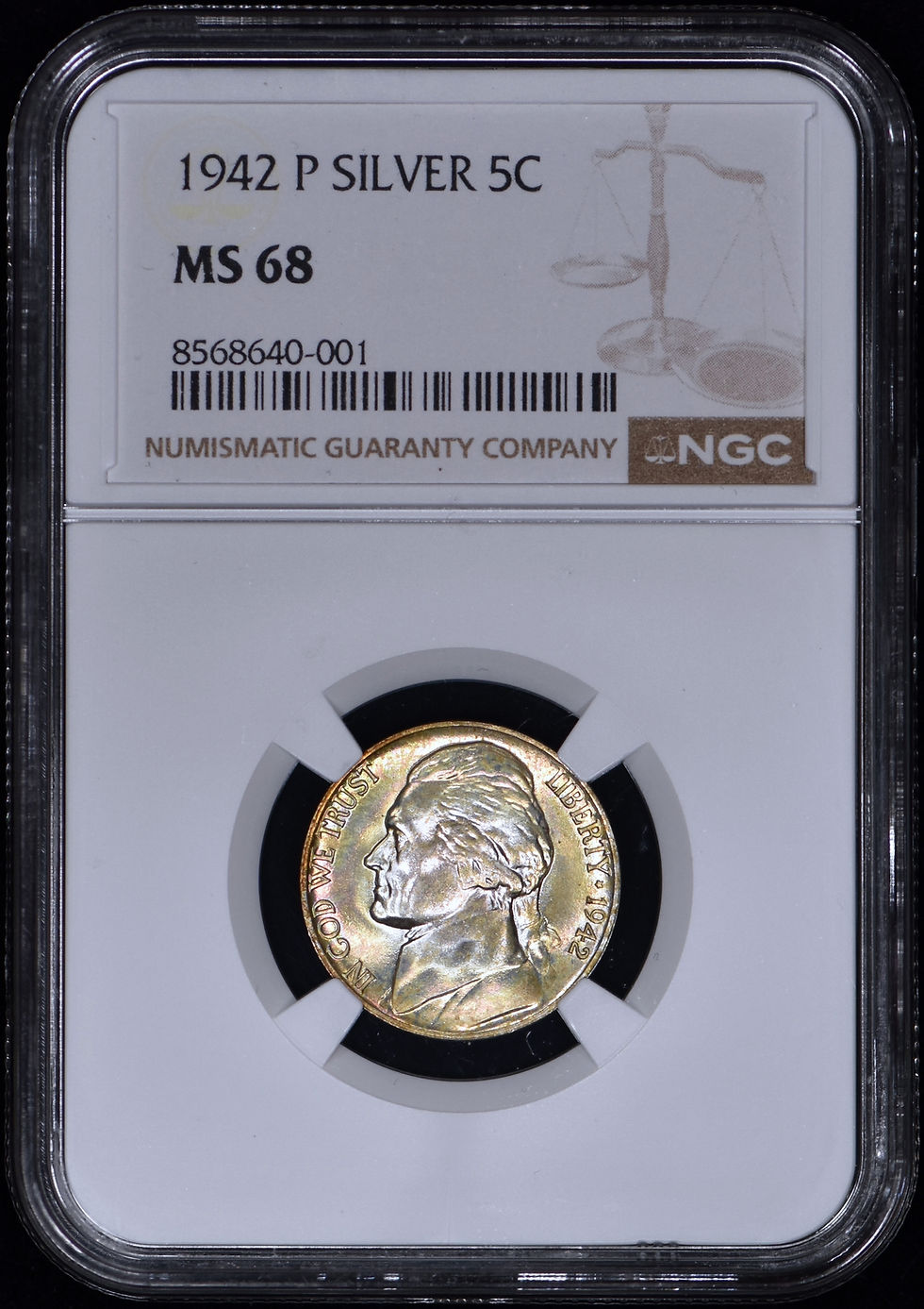 Thumbnail: 1942-P Jefferson Nickel 5c NGC MS68 - Nice Color! - Price Guide $2250!