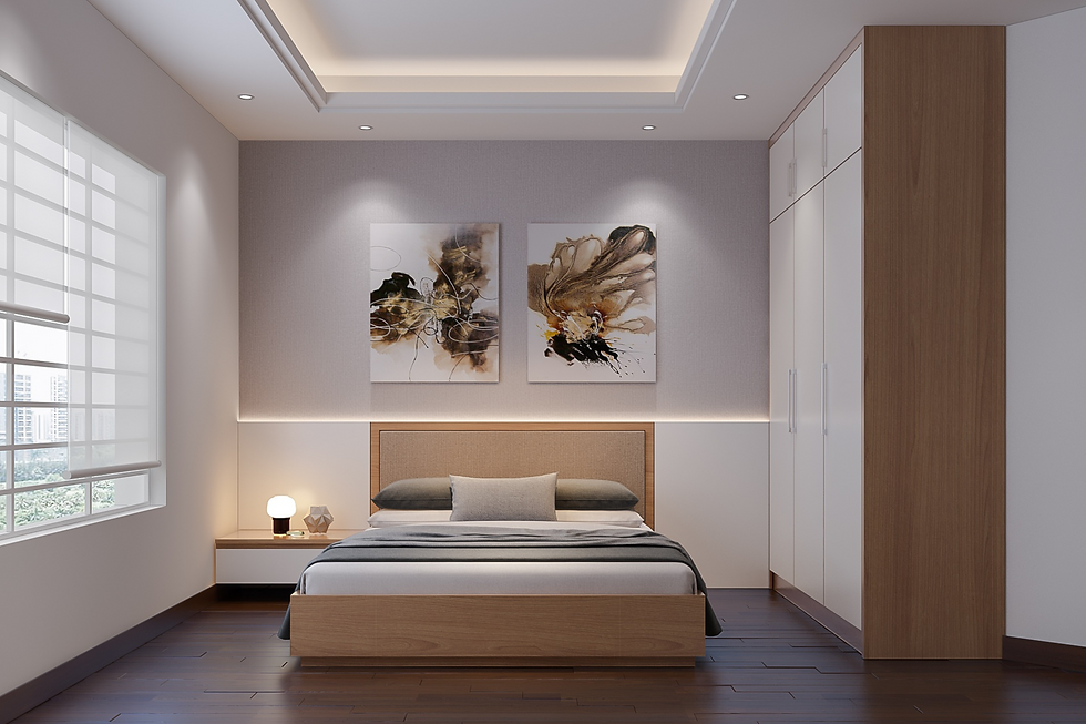 Image of a modern bedroom with warm tone LED lights on the ceiling and behind the headboard