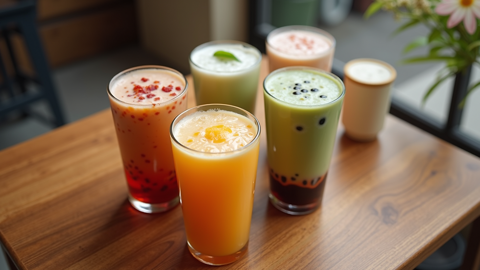 High angle view of colorful boba drinks on a wooden table
