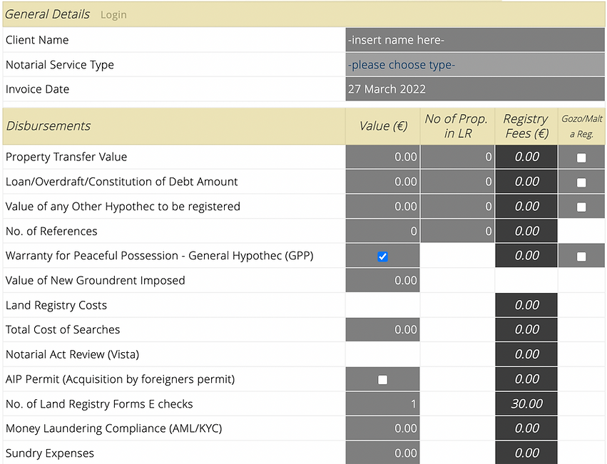 A screenshot from the billing calculator of notaries