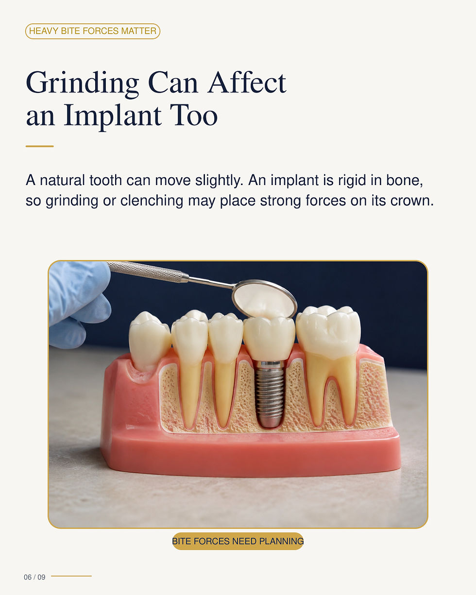 Dental implant teaching model explaining that grinding and clenching can place heavy forces on an implant crown.