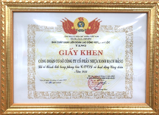 Bằng khen được ban thường vụ liên hoàn lao động tỉnh Nam Định trao tặng