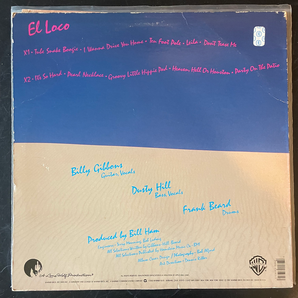Back cover of the exact ZZ Top El Loco BSK 3593 vinyl LP for sale
