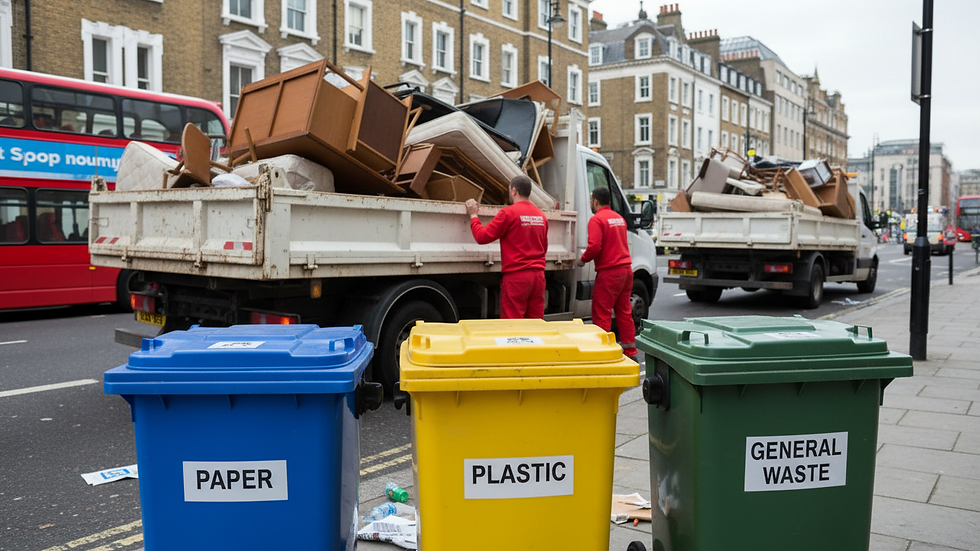 Close-up view of labelled recycling bins for paper, plastic, and general waste