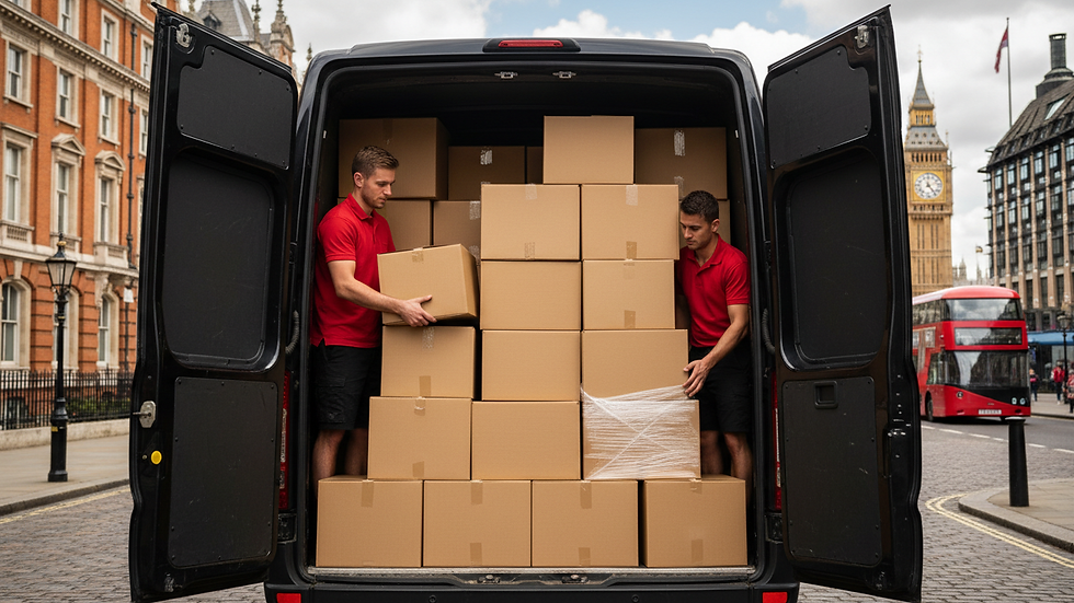Close-up view of a van’s open back door with neatly packed boxes inside