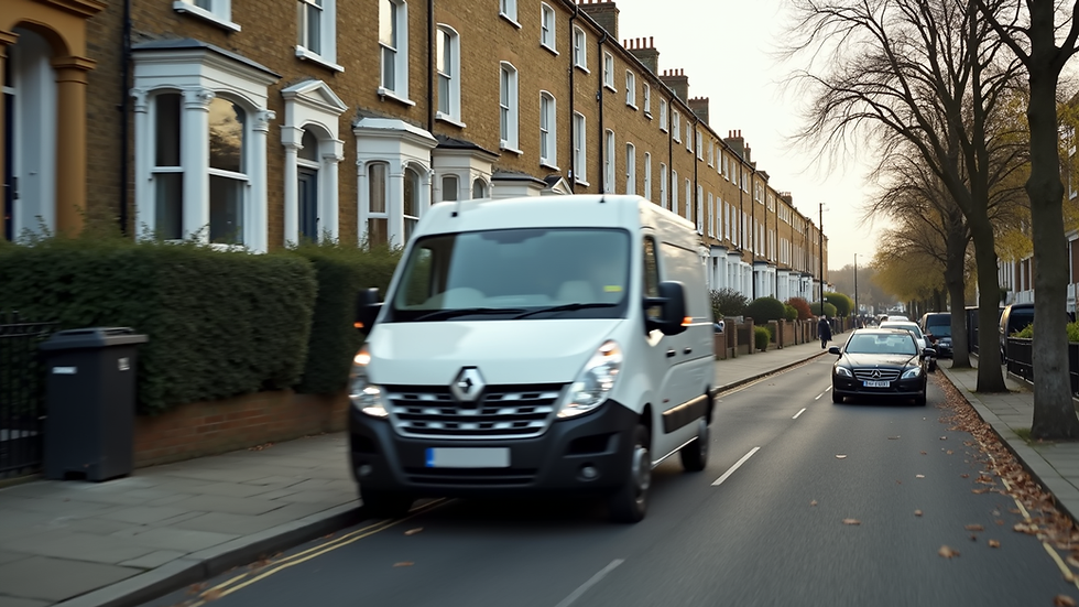 Eye-level view of a moving van parked outside a London townhouse