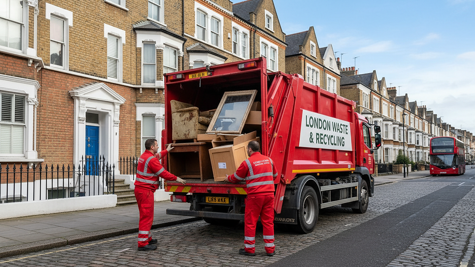 Eye-level view of a rubbish collection truck parked outside a residential building