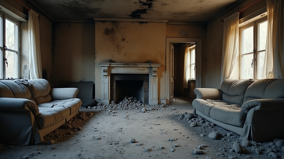 Eye-level view of a fire-damaged living room with soot-covered walls
