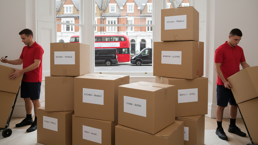 Close-up view of neatly packed and labelled moving boxes stacked in a living room