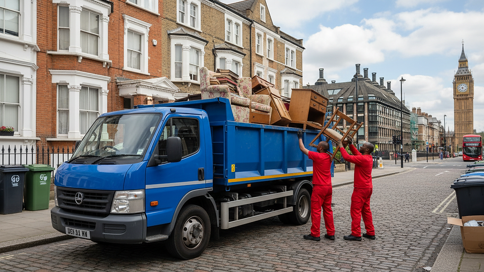 Eye-level view of a clean and organised waste collection truck parked outside a residential building
