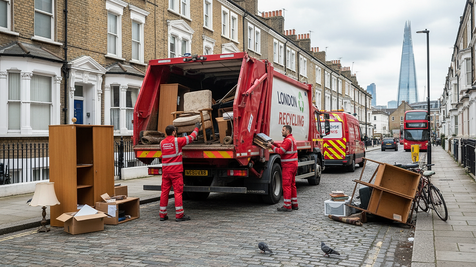 Eye-level view of a waste collection truck parked on a London street