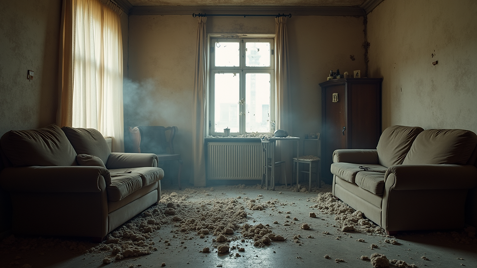Eye-level view of a damaged living room with smoke stains on walls