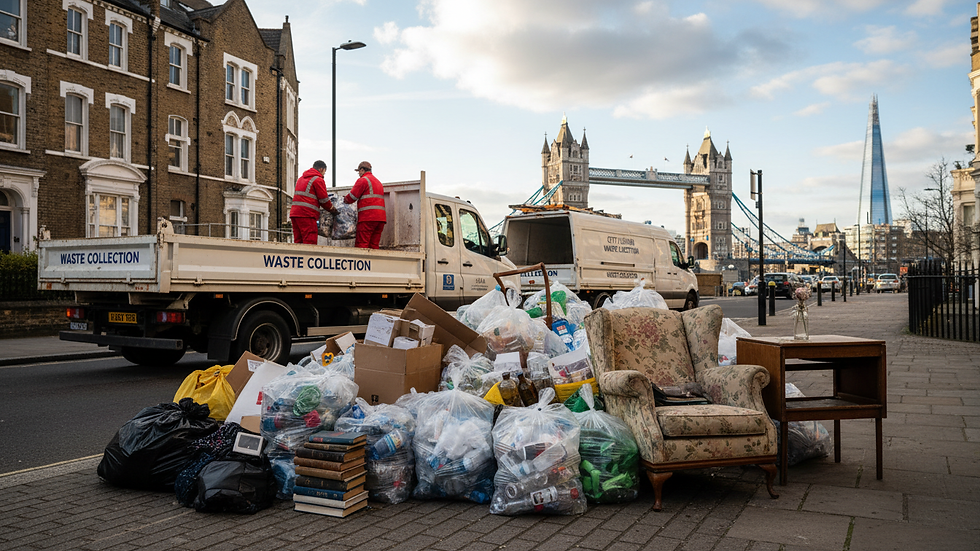 Close-up view of sorted household waste ready for collection