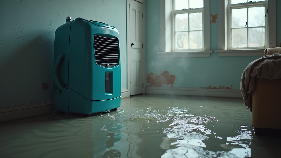 Close-up view of industrial dehumidifier drying a flooded room