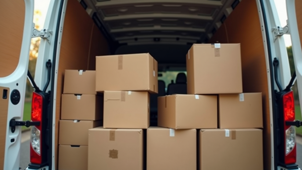 Close-up view of neatly packed moving boxes stacked in a moving van
