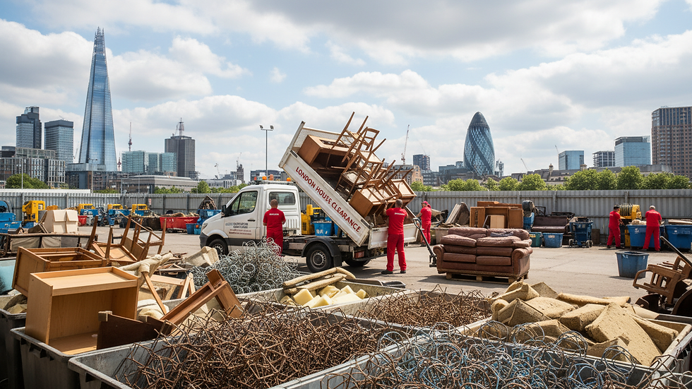 Close-up of a recycling centre with separated furniture materials