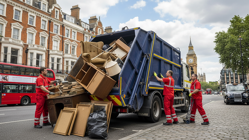 Eye-level view of a rubbish collection truck parked outside a residential building
