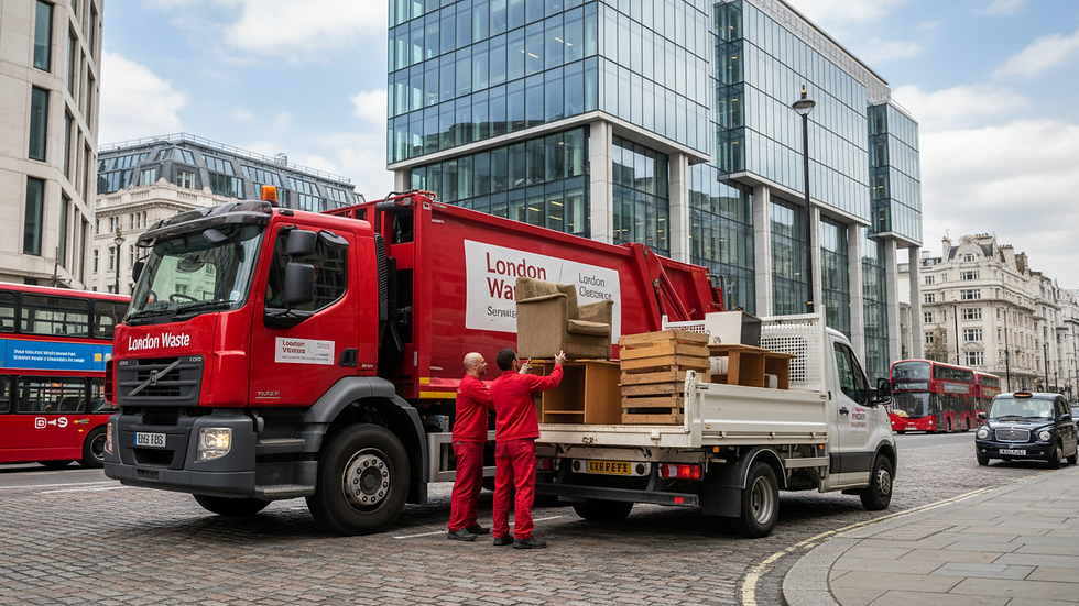 Eye-level view of a commercial waste collection truck parked outside a London office building