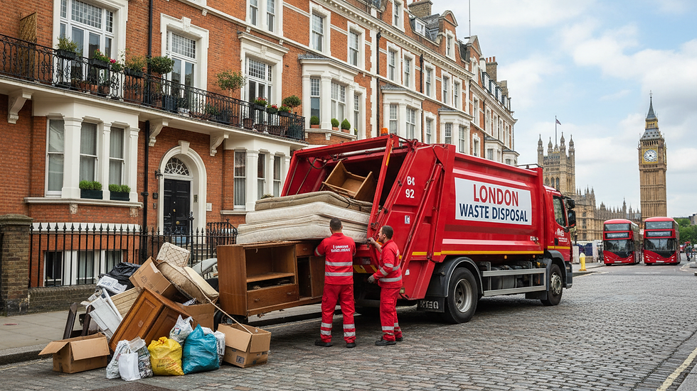 Eye-level view of a rubbish collection truck parked outside a residential building