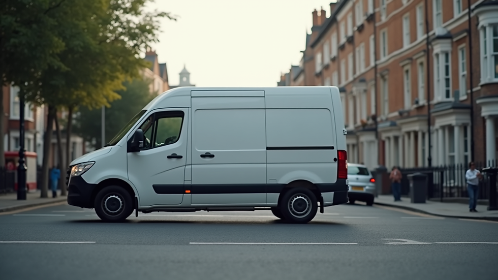 Eye-level view of a white van parked on a London street ready for loading