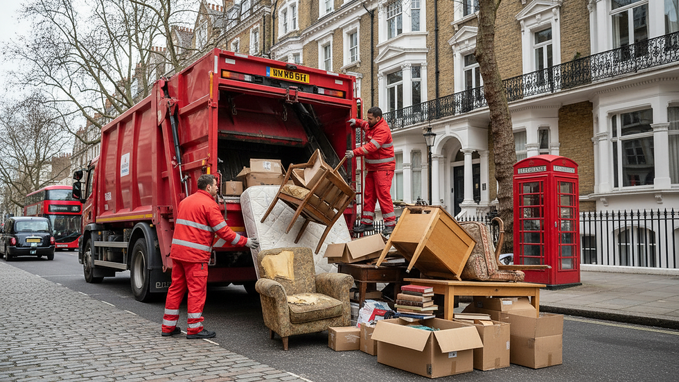 Eye-level view of a waste collection truck parked outside a residential building