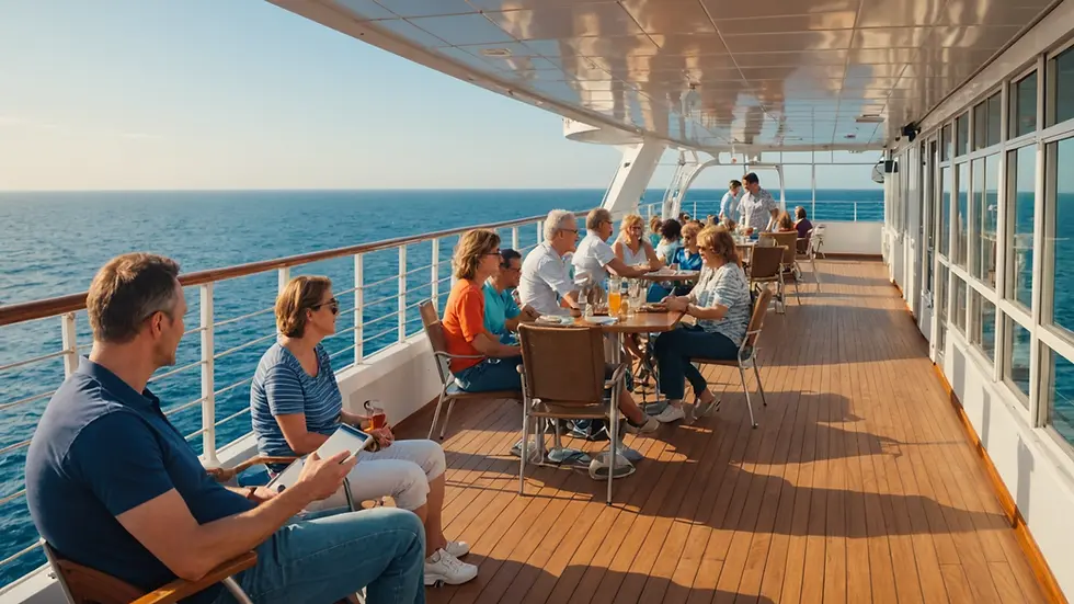Close-up view of the cruise ship deck with passengers enjoying the ocean view
