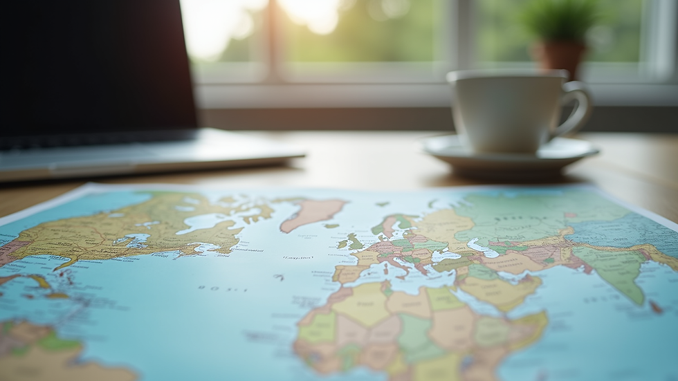 Close-up view of a travel planner’s desk with maps, a laptop, and a cup of coffee