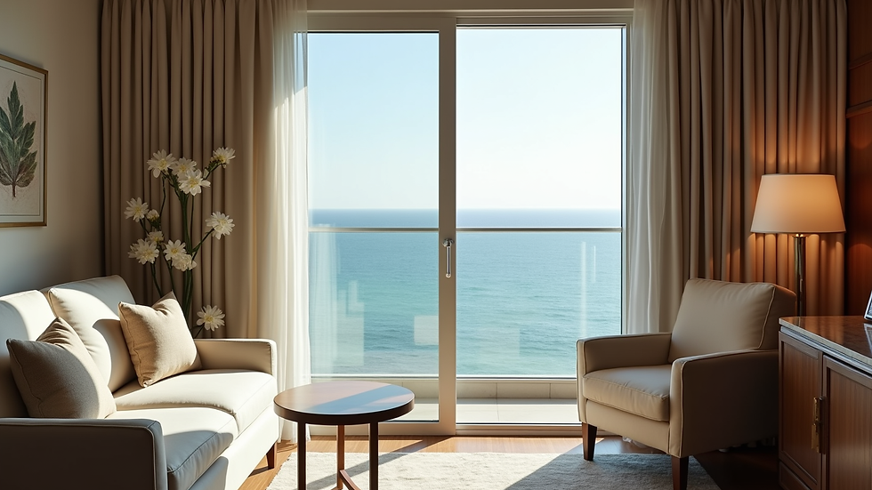 Eye-level view of a luxury hotel suite with ocean view balcony