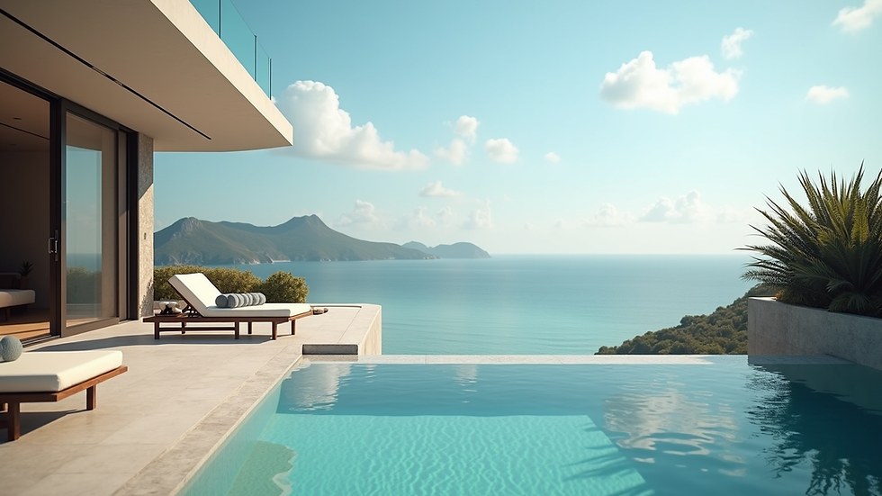 Eye-level view of luxury villa terrace overlooking the ocean