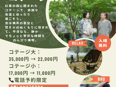 平日・日曜限定！コテージ割引キャンペーン中！