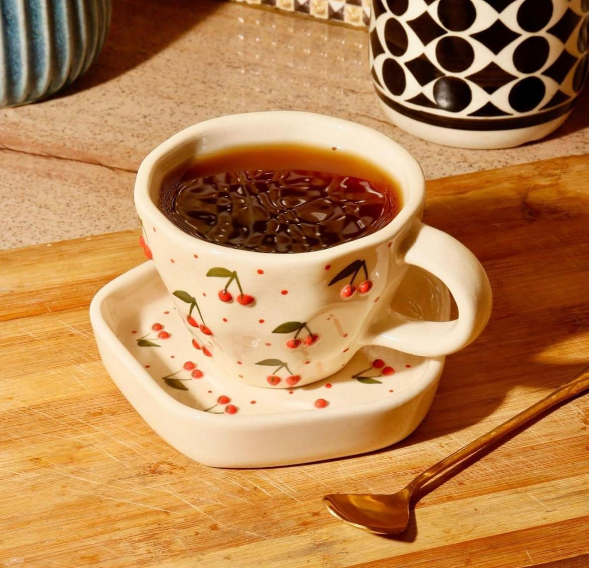 Clover Home’s Cherry Pop Ceramic Cup and Saucer Set – Pack of 2 – Super Combo