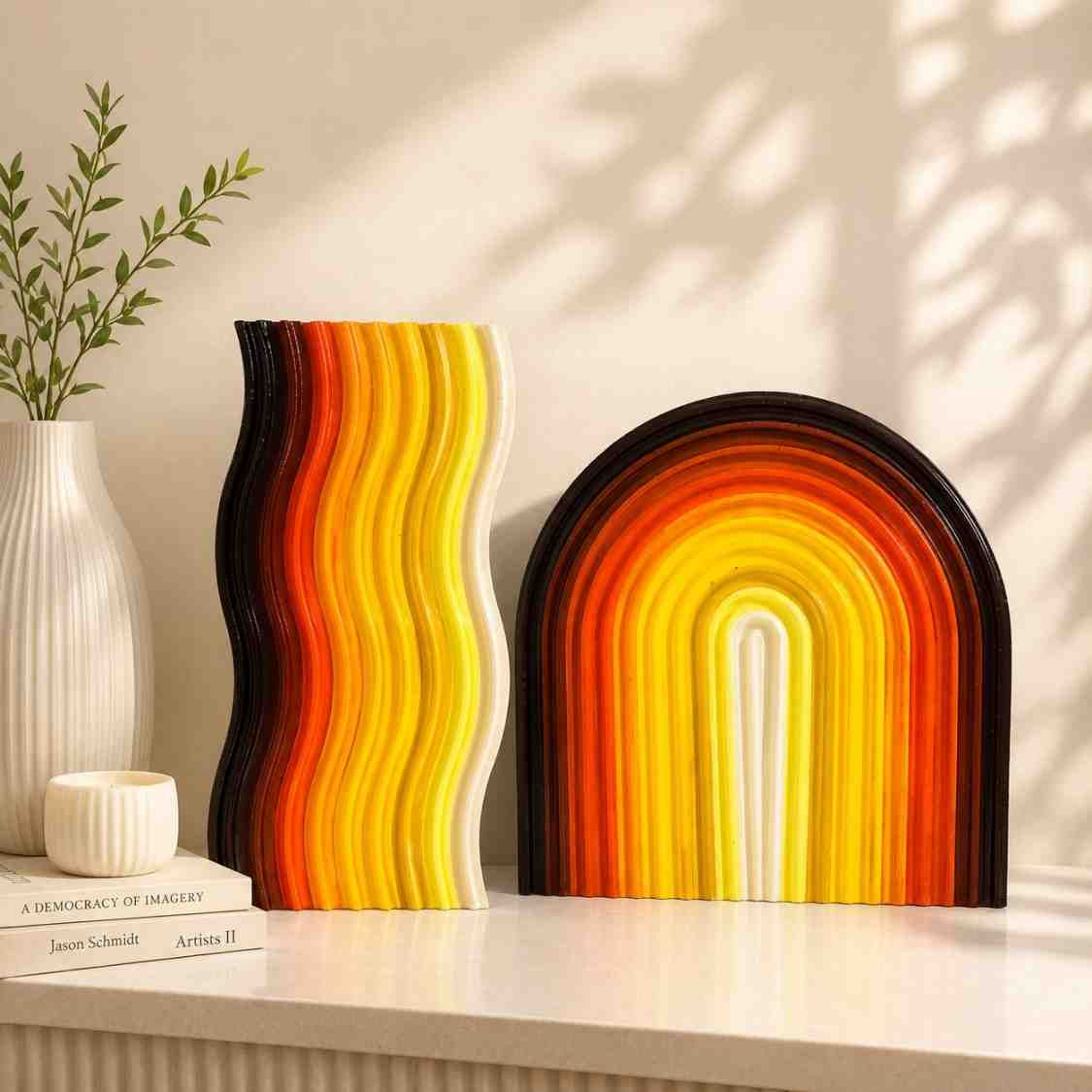 10 Inch Wavy & 9 Inch Arch Ribbed Decorative Tray Set of 2 (Yellow Gradient)
