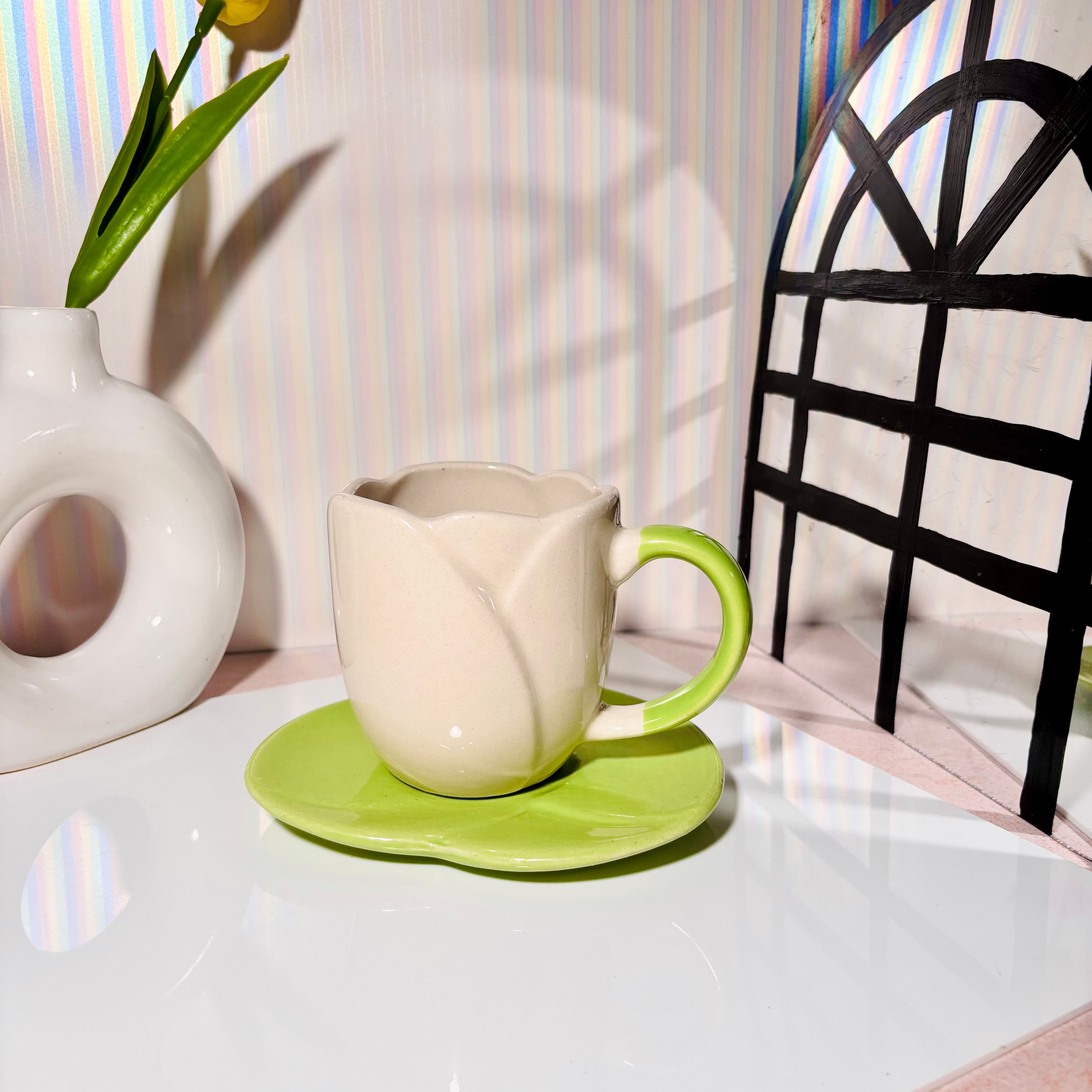 White Tulip Ceramic Cup and Saucer Set – 350 ML