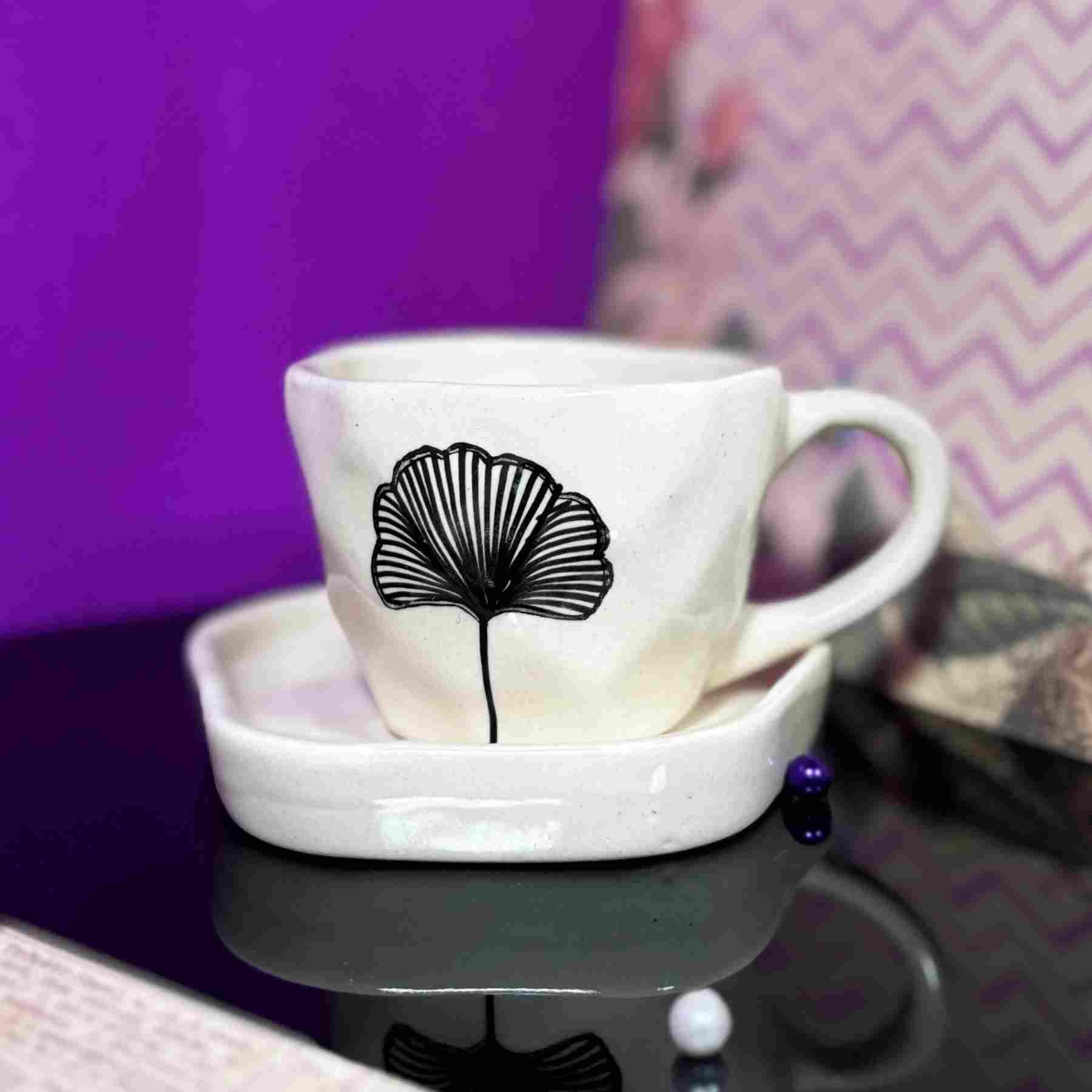 Minimal Floral Ceramic Cup and Saucer Set – 250 ml