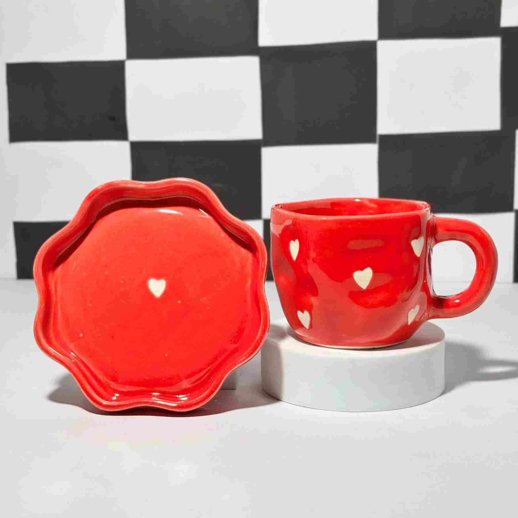 Romantic Red Ceramic Cup and Saucer Set – 230 ml