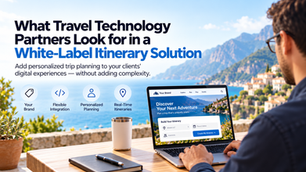 Travel technology workspace showing white-label itinerary planning, Plug & Play integration, API and SDK connections, and Live Itineraries.