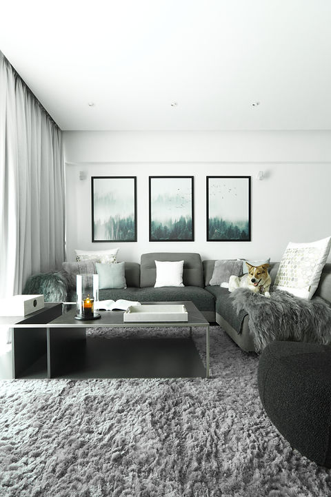 arty artwork, landscape painiting, brass pendant lights, marble veneer coffee table, contemporary design, living area