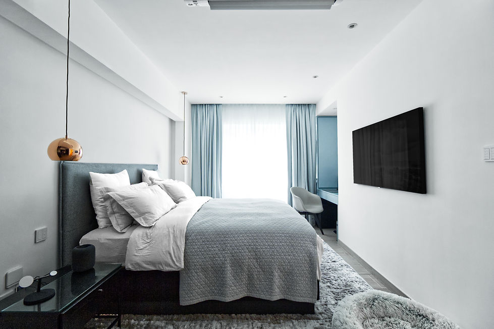 high end master bedroom design, king size bed, quilt bedspread, cozy design, contemporary design copper pendant light in hk
