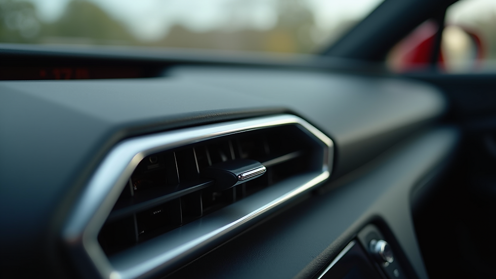 Close-up view of a sleek metal car diffuser on a leather dashboard