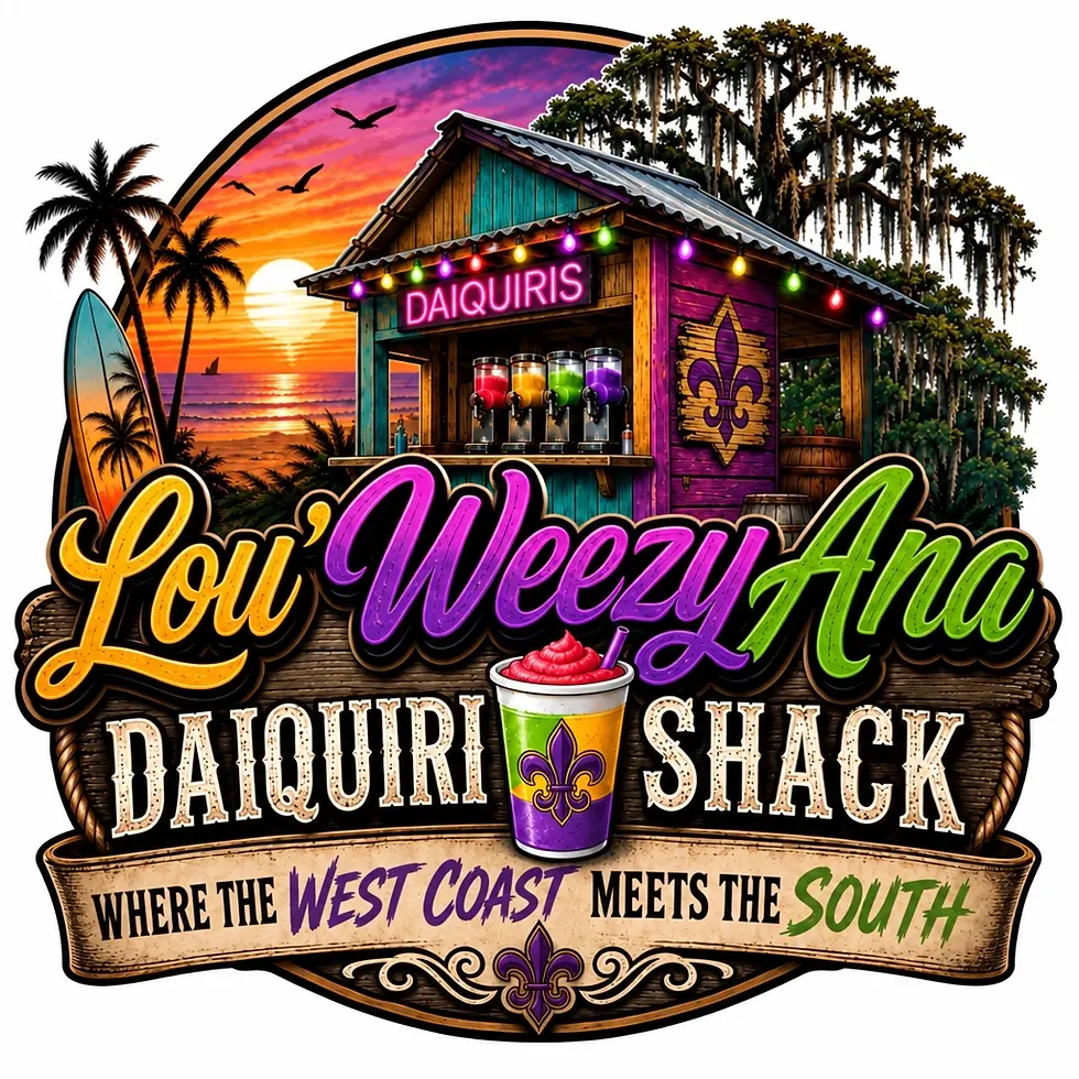 Digital illustration logo for Lou'WeezyAna Daiquiri Shack featuring a beach shack, vibrant sunset, and daiquiri drink. The design uses playful, tropical colors and a festive mood suitable for a brand.