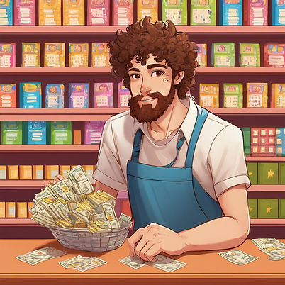 a young guy with Curly brown hair freckles and beard behind the register with lottery tick