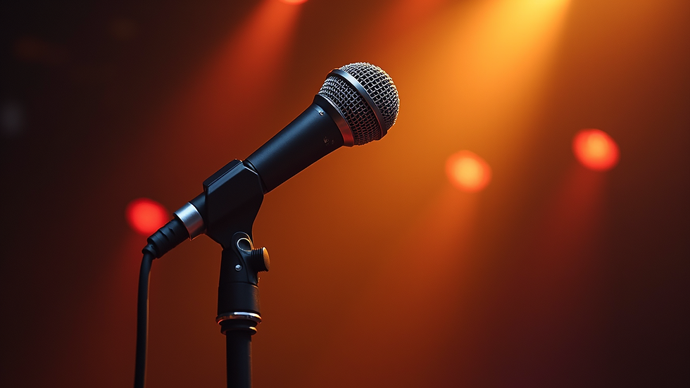 Eye-level view of a vintage microphone on stage with warm lighting