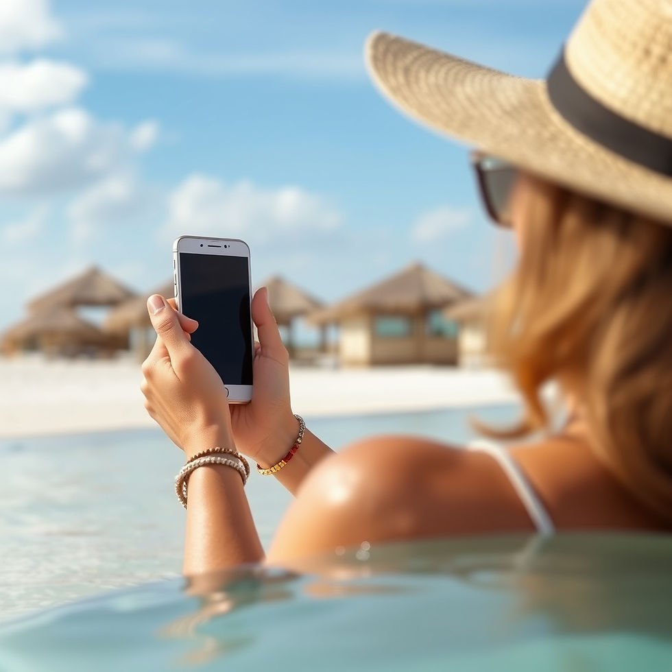 Frau gestresst im Urlaub am Strand mit Smartphone