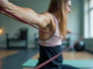 Active women performing exercise with resisted band in the small gym setting 