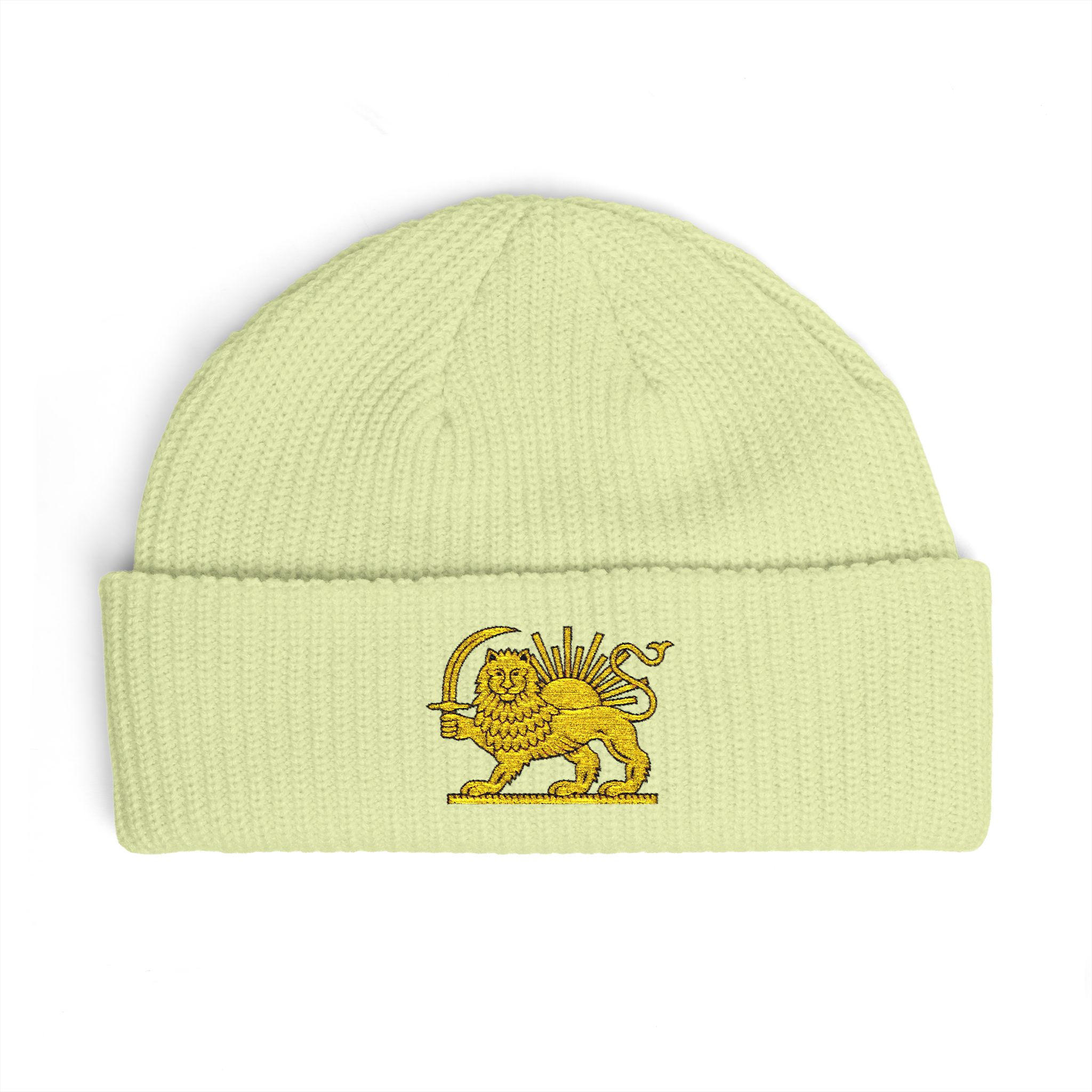 Persian Golden Lion Sun Beanie Hat Embroidered Knit Cap