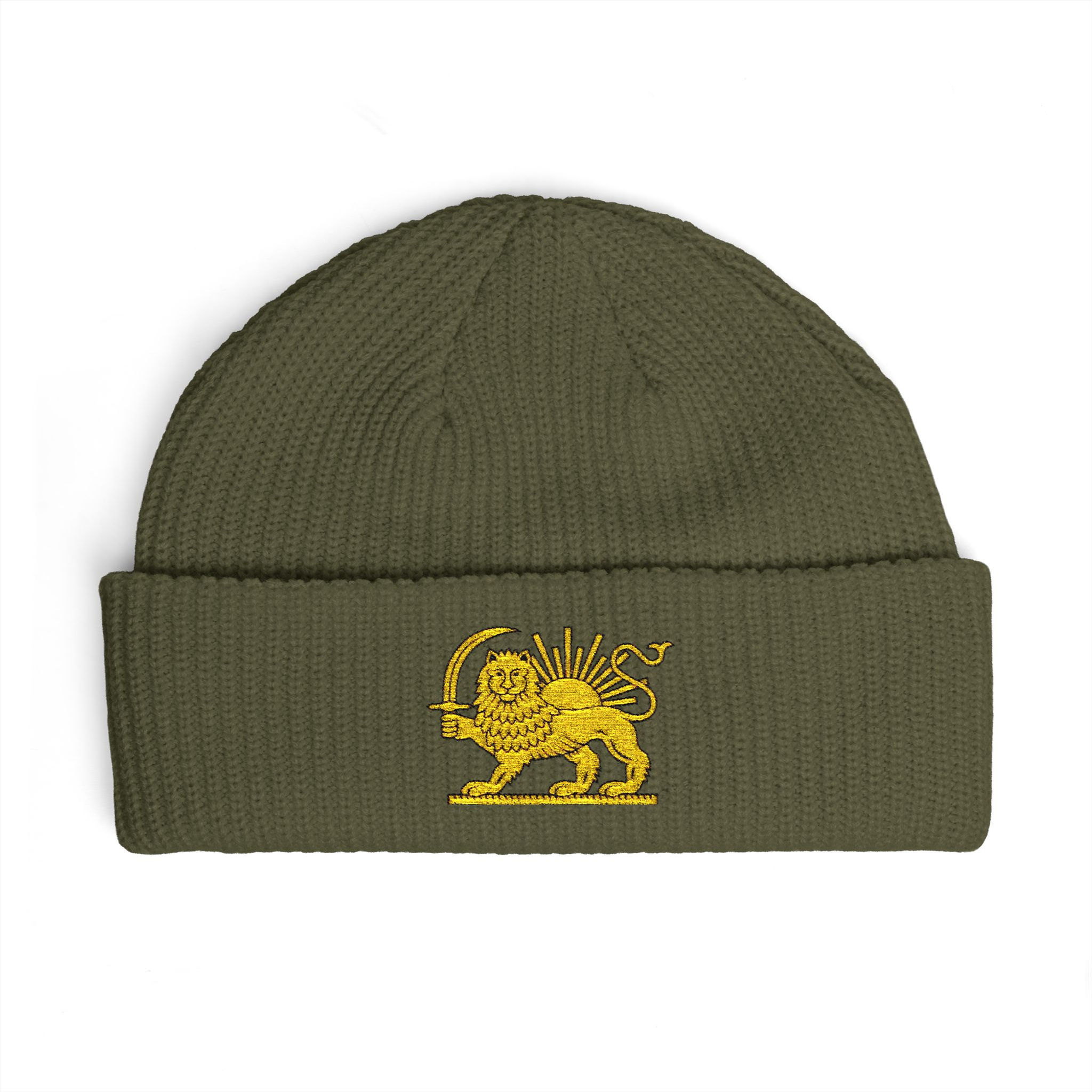 Persian Golden Lion Sun Beanie Hat Embroidered Knit Cap