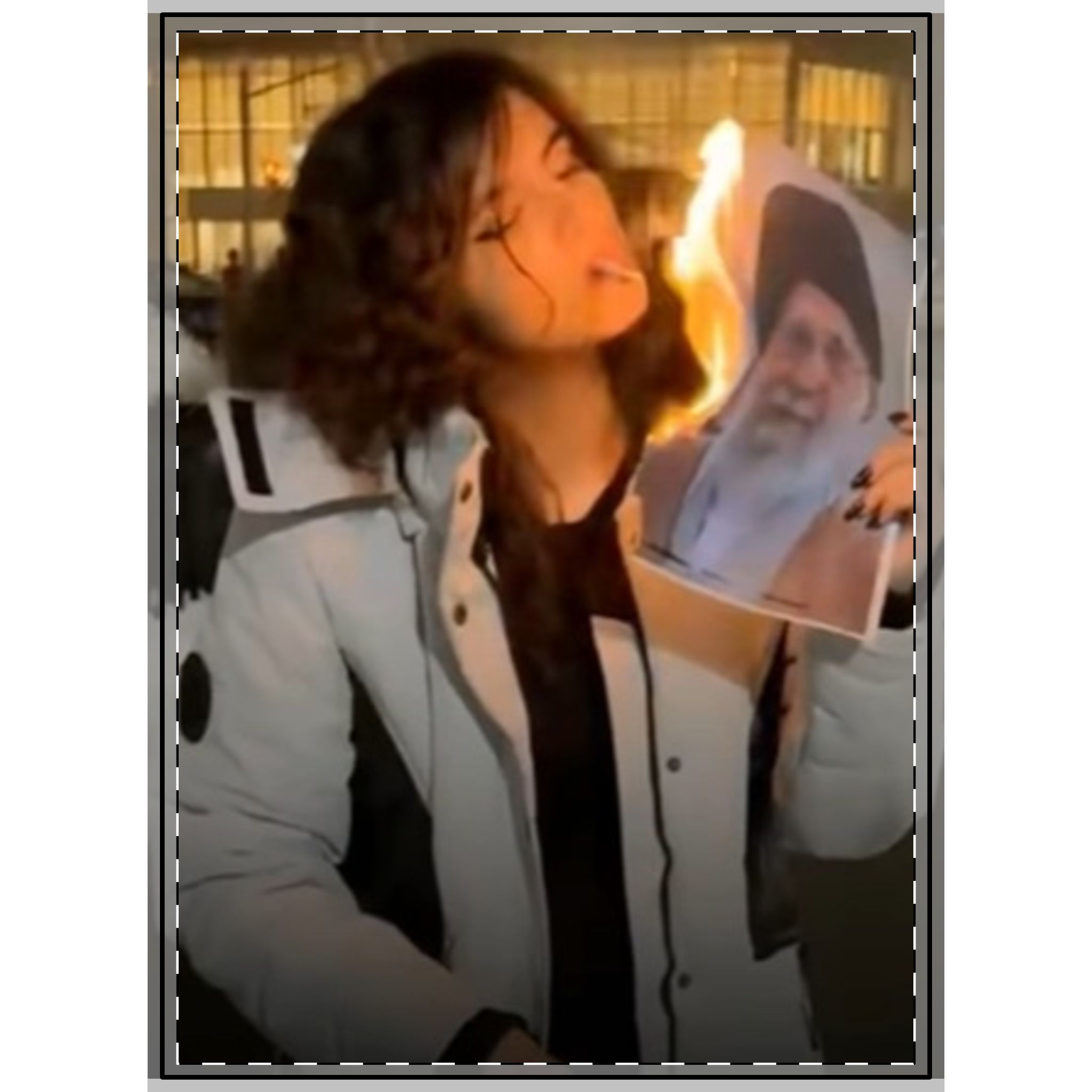 36" x 26" Textured Woven Art Iranian Revolution Cigarette Girl Burning Photo