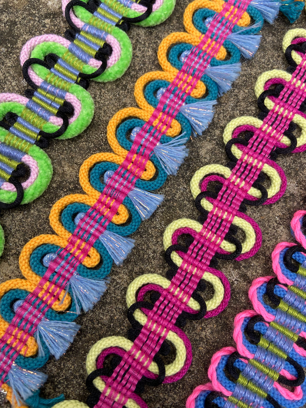 Final collection of passementerie samples from two experimental warps. These pieces have each been turned into prototype chokers and bracelets. From this I will go on to develop my designs and design a small jewellery collection.